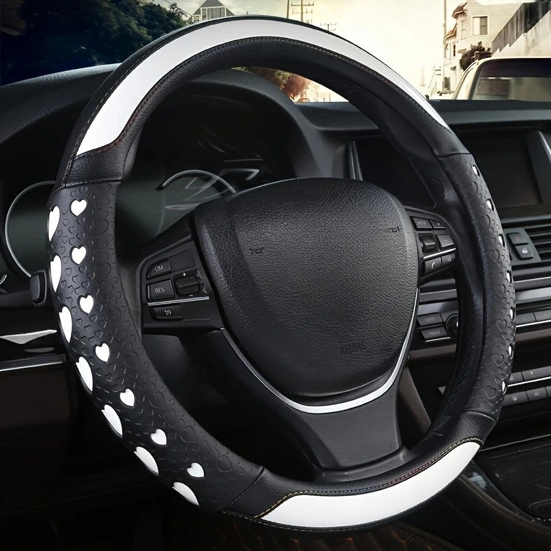 Sweet Heart Design Steering Wheel Cover – PU Leather, Anti-Slip Inner Ring, Universal Fit for Most Vehicles - Delicate Leather