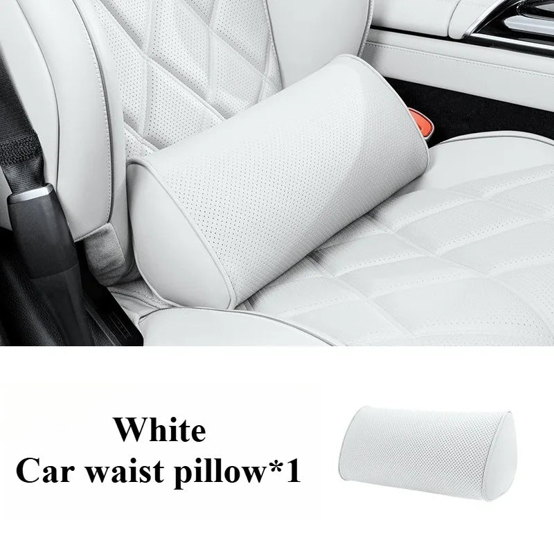 Memory Cotton Car Headrest & Lumbar Pillow Set – Leather Neck and Waist Support for Comfortable Driving - Delicate Leather