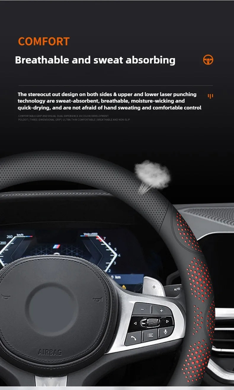 Car Steering Wheel Cover, Universal 38cm O/D Shape Leather Steering Wheel Cover – Car Interior Anti-Slip Accessory - Delicate Leather