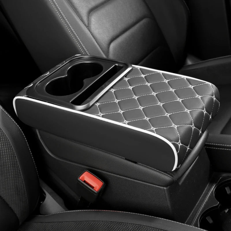 PU Leather Car Center Console Armrest Cushion – Height Pad with Cup Holder and Storage Slots - Delicate Leather