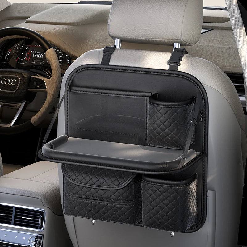 Car Seat Back Storage Organizer with Foldable Table – PU Leather Backseat Hanging Organizer with Phone & Tissue Holder - Delicate Leather