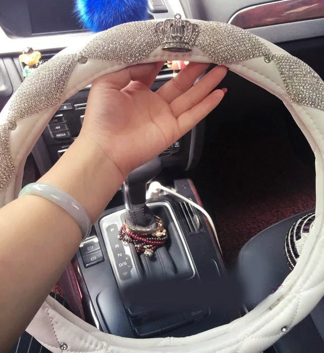 Luxury Crystal Crown Leather Steering Wheel Cover | Bling Rhinestone Car Accessory for Girls - Universal Fit, Gift For Mother's Day 2025 - Delicate Leather