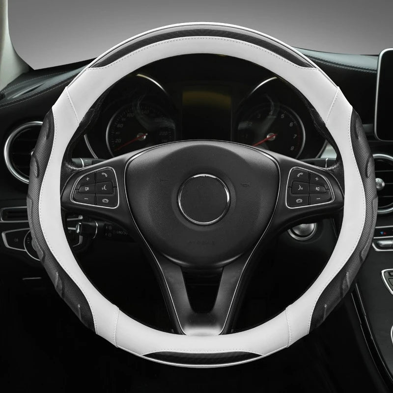 Perforated PU Leather Steering Wheel Cover with Carbon Fiber Texture – Non-Slip & Breathable, Universal Fit for 14.5–15 Inch Wheels - Delicate Leather