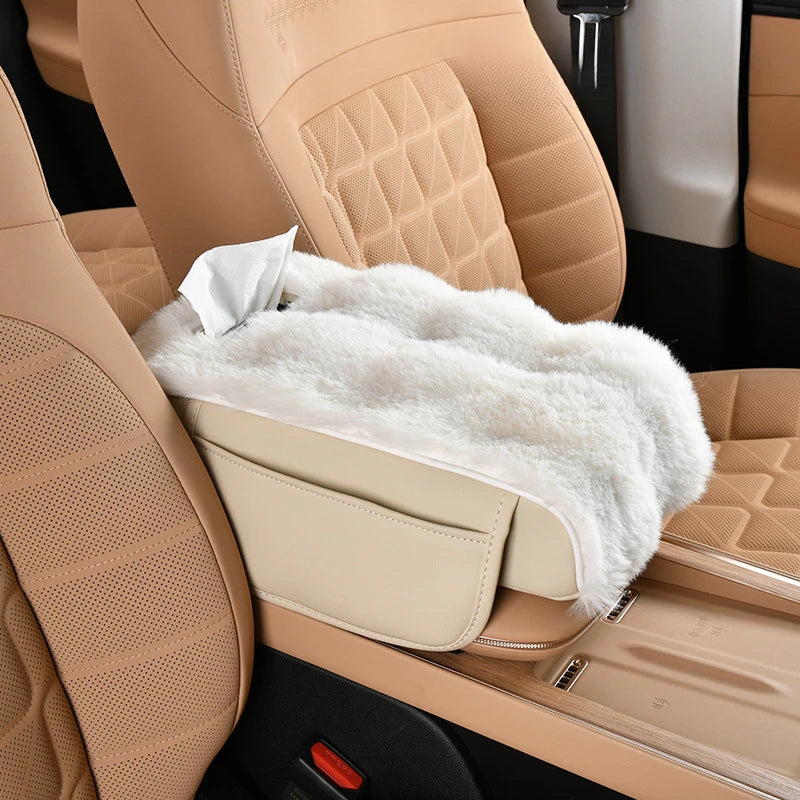 Plush Car Armrest Cushion with Tissue Box – Winter Fluffy Center Console Cover - Delicate Leather