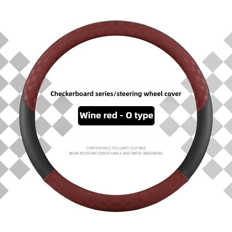 Microfiber Leather Steering Wheel Cover – 15-Inch Universal Fit, Anti-Slip Rubber Grip, Checkered Flag Design, All-Season Comfort - Delicate Leather