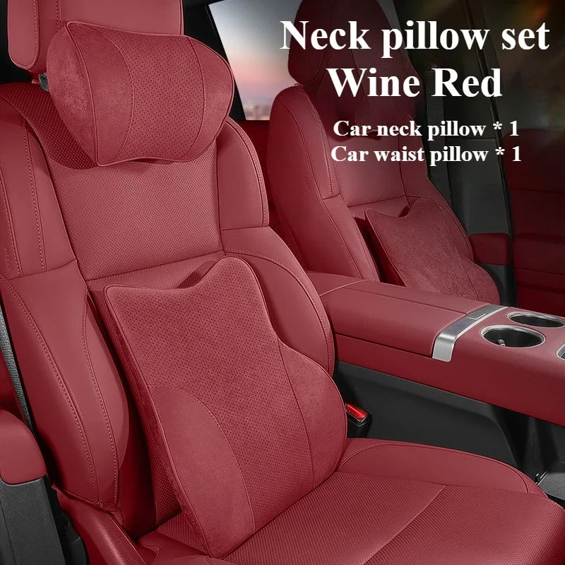 Memory Foam Car Headrest & Waist Pillow - Suede Leather Lumbar Support Seat Accessories - Neck Pillows & Back Cushion - Delicate Leather