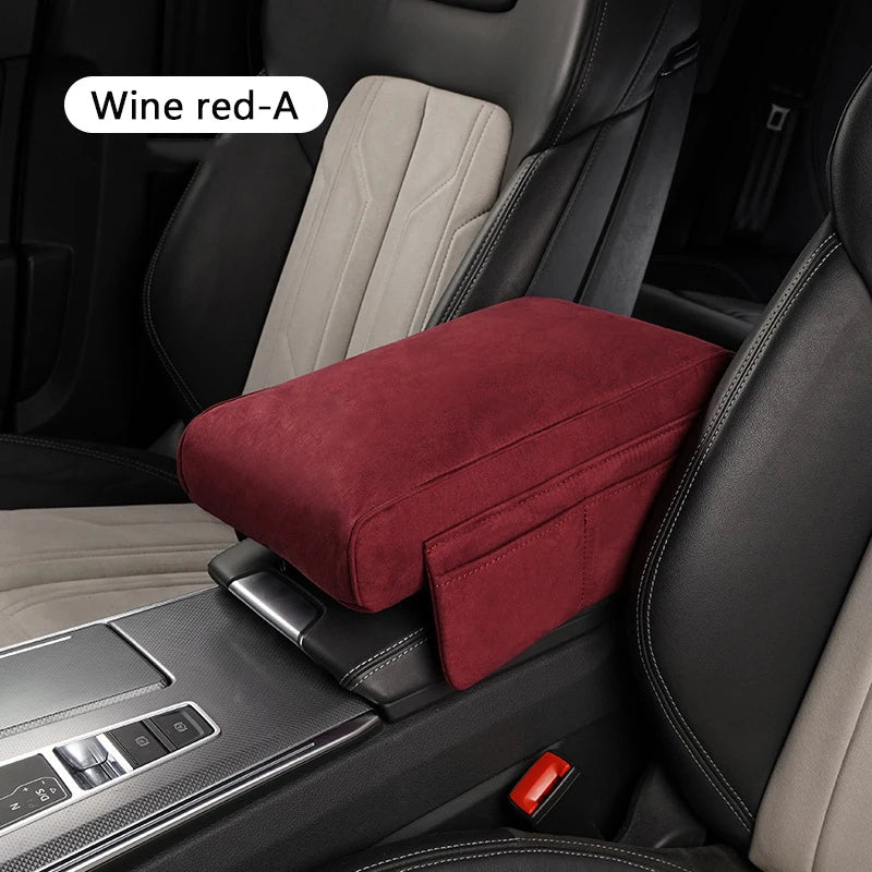 Suede Car Armrest Cushion with Cup Holder – Memory Foam Center Console Pad, Universal Fit, Enhanced Elbow Support - Delicate Leather