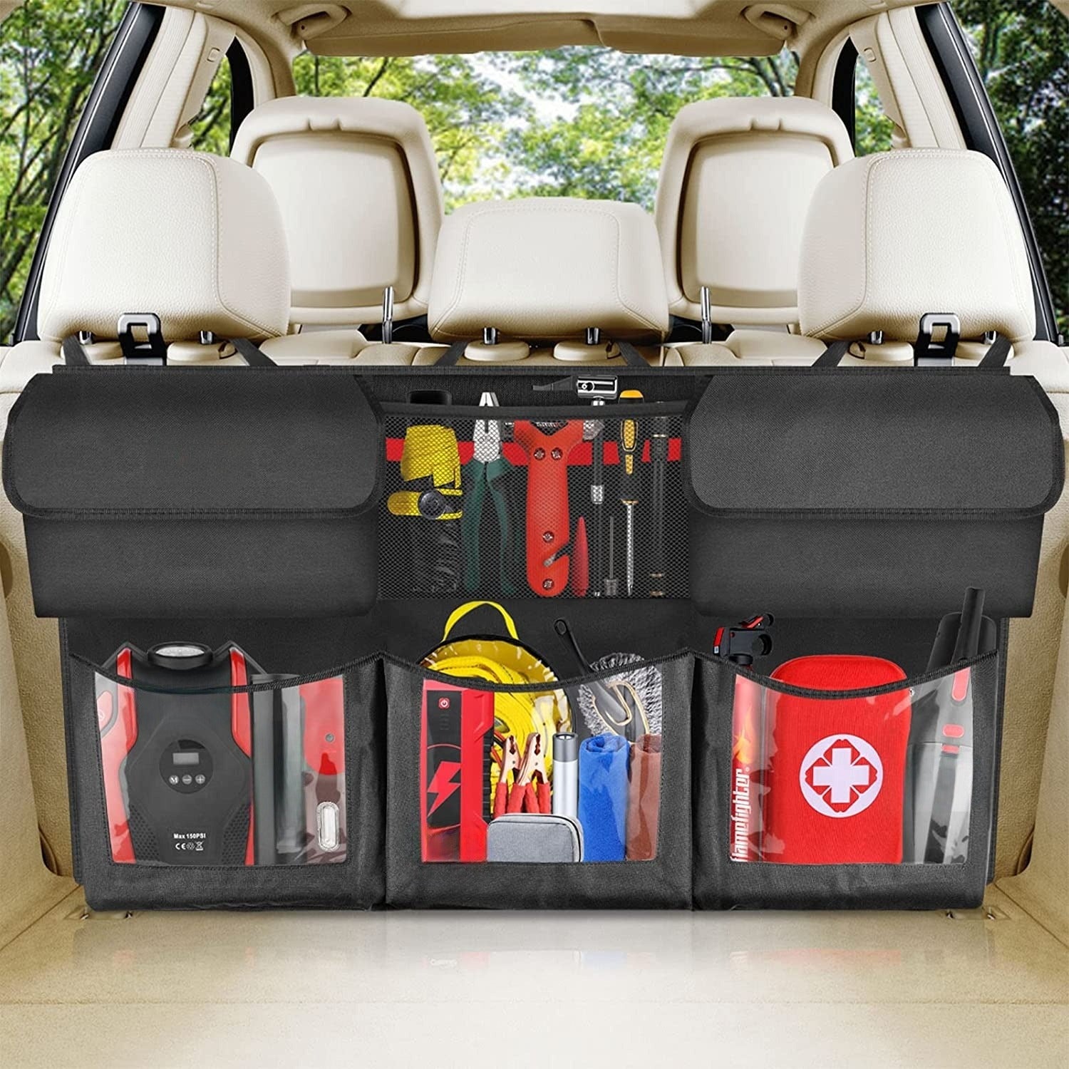 Back Seat Trunk Organizer, Custom For Cars, Hanging Car Organizer Trunk Foldable Cargo Storage with 6 Large Pockets 3 Adjustable Straps - Delicate Leather