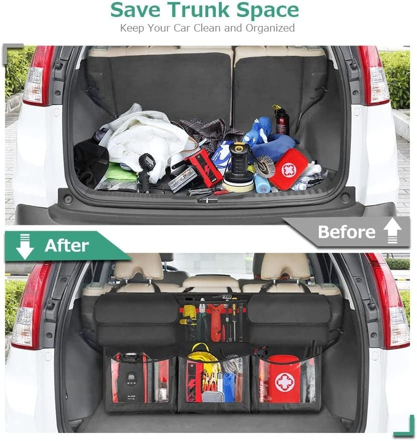 Back Seat Trunk Organizer, Custom For Cars, Hanging Car Organizer Trunk Foldable Cargo Storage with 6 Large Pockets 3 Adjustable Straps - Delicate Leather