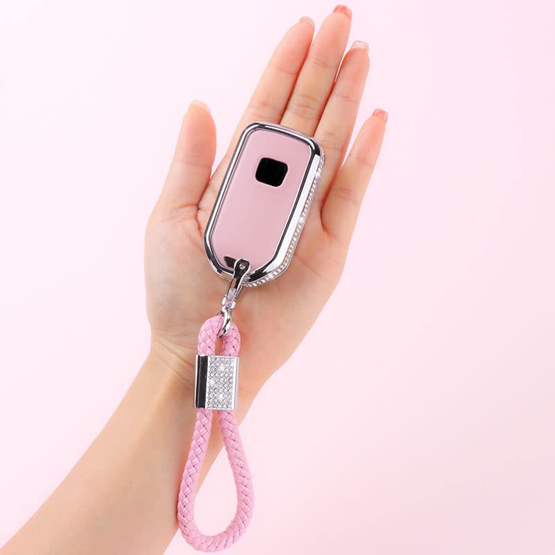 Honda Key Fob Cover with Keychain, Crystal Rhinestones Car Replacement Case, Pink Shell Fit Accord Civic CRV Pilot HRV Odyssey Ridgeline Passport - Delicate Leather
