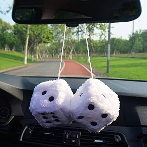 Fuzzy Plush Dice for Car Mirror, Pair of Retro 3” Dice with Black Dots for Car Interior Hanging Ornament Decoration, Car Accessories, Custom For Cars - Delicate Leather