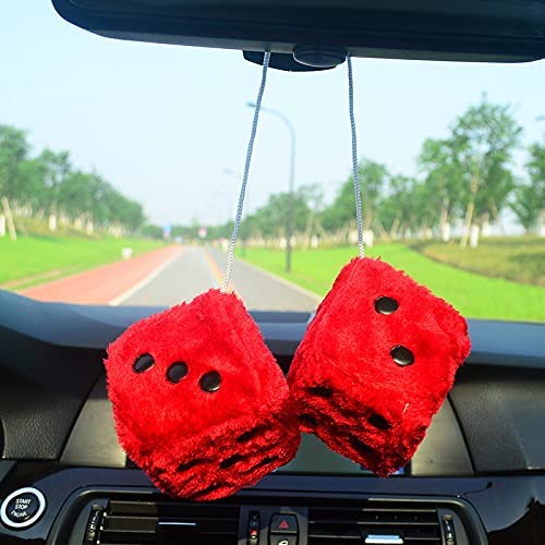 Fuzzy Plush Dice for Car Mirror, Pair of Retro 3” Dice with Black Dots for Car Interior Hanging Ornament Decoration, Car Accessories, Custom For Cars - Delicate Leather