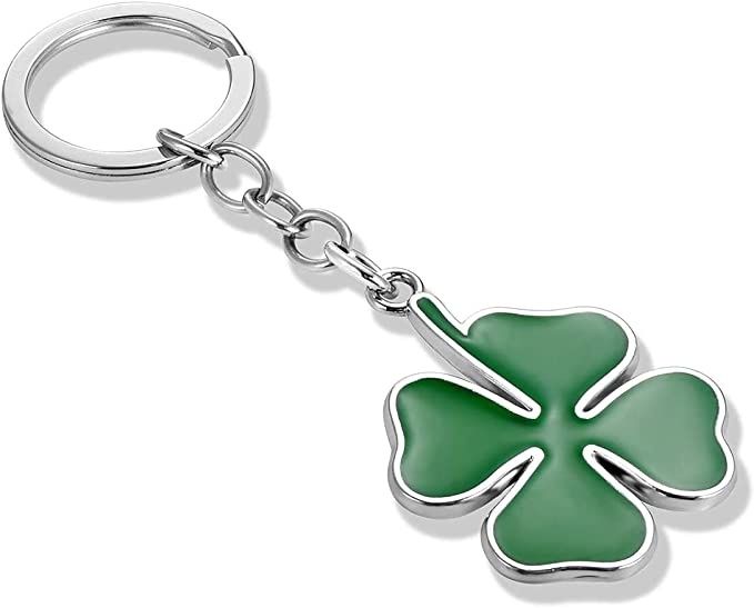 Four Clover Car Logo Key Chain Ring - 3D Chrome Metal Car Keychain Keyring Alloy Key Holder - Delicate Leather