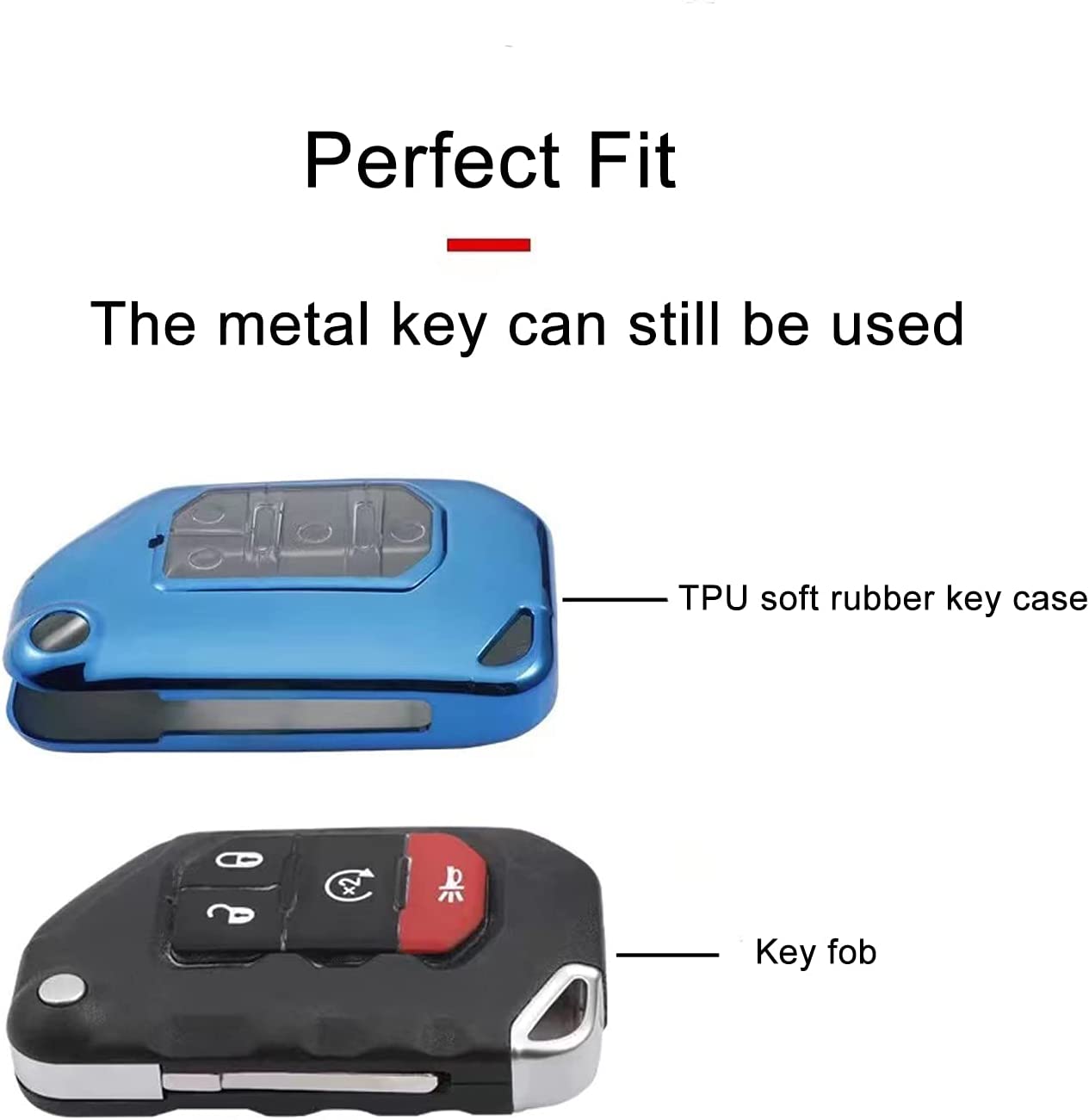 Key Fob Case Cover Holder for 2018-2023 Jeep Wrangler Gladiator, JL JLU Sahara Rubicon The Sport JT Overland Sport S, Smart Keyless Remote Accessories(2 3 4-Buttons, Blue) - Delicate Leather