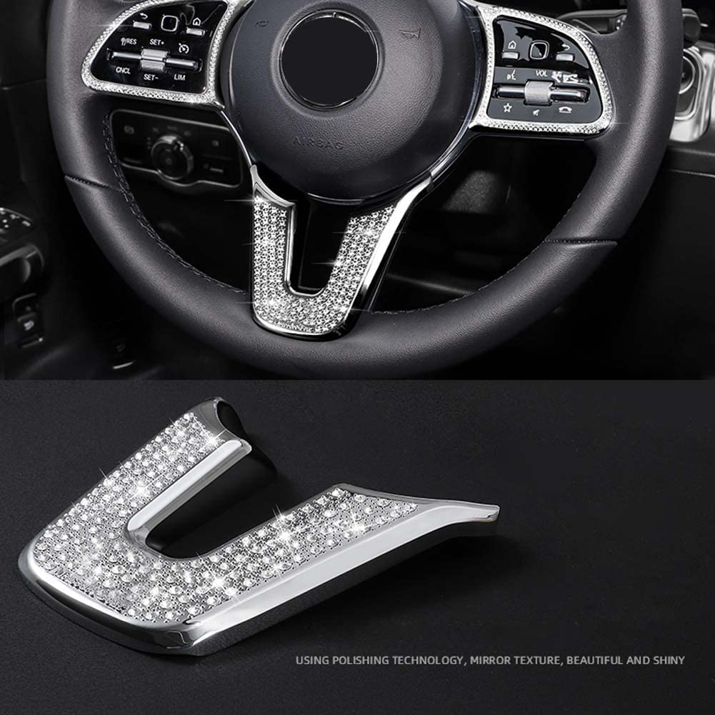 Pursuestar Bling Crystal Round Shape Aluminum Steering Wheel U Cover Car Interior Accessories Trim Sticker Decals for A B Class GLA CLA 2019 2020 2021 2022 - Delicate Leather