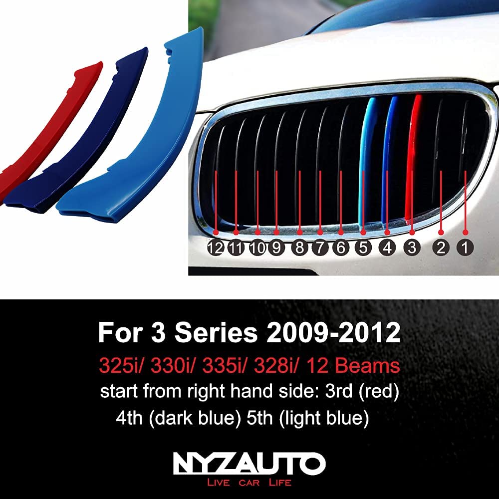 M-Colored Stripe Grille Insert Trims Compatible with 2009-2012 E90/E91 3 Series 12-Beam Standard Grill - Delicate Leather