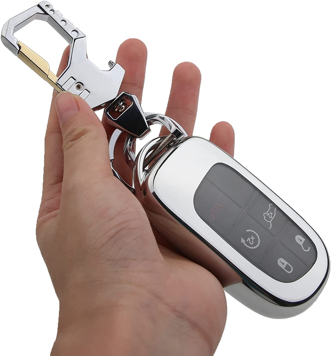 Jeep Key Fob Cover with Keychain Soft TPU Protection Key Case for Grand Cherokee Renegade Chrysler 200 300 Dodge Smart Key (Silver) - Delicate Leather