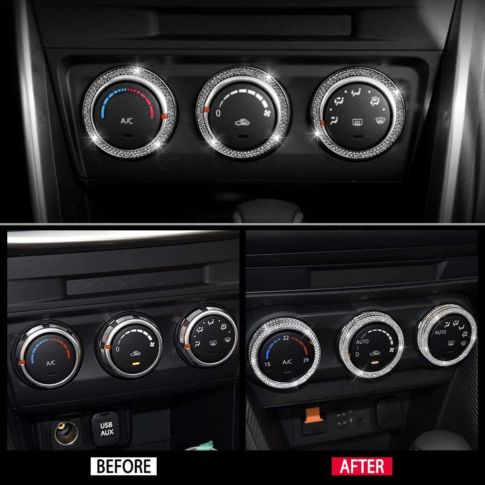 Car Interior Bling Accessories for Mazda CX-3 CX-5 MX-5 Miata AC Knobs Air Conditioning Fan Control Dial Temperature Decals Stickers Cover Parts Trim Men Women Zinc Alloy Crystal Silver 3 Pack - Delicate Leather