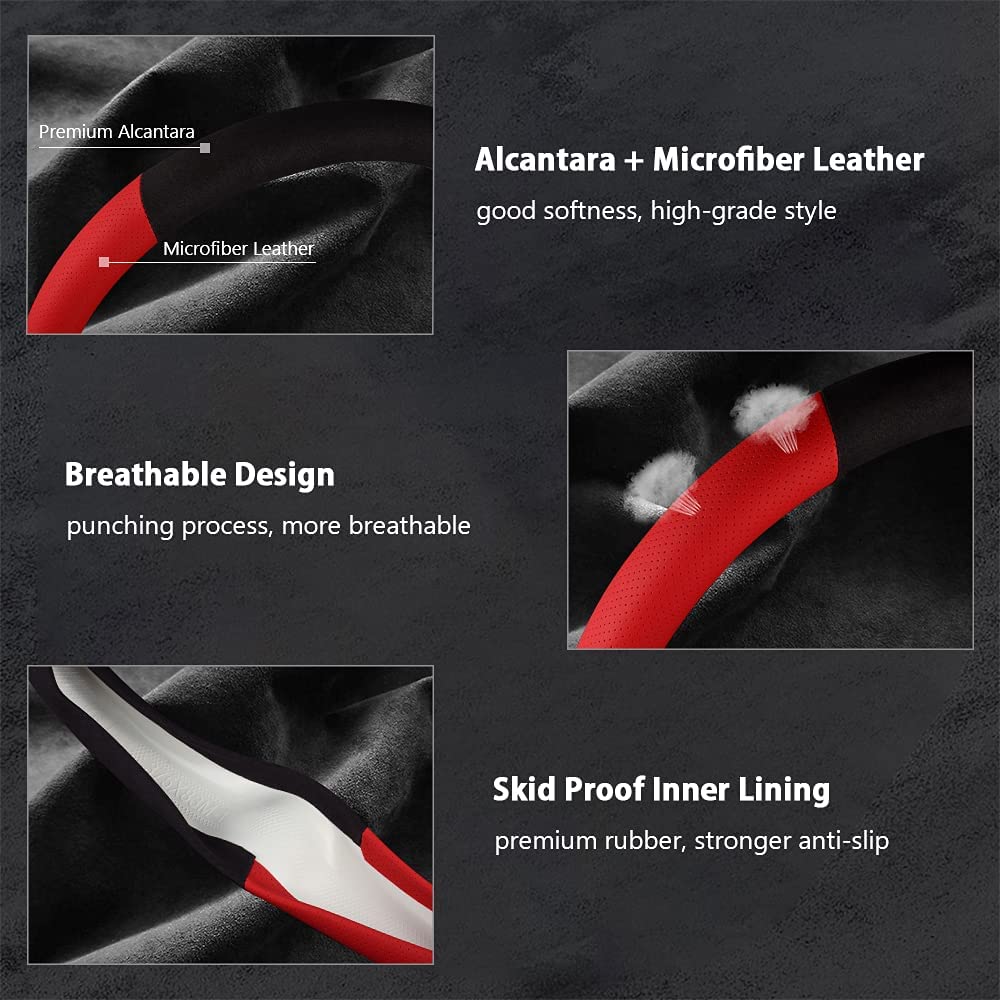 Steering Wheel Covers Round Shape Suede 14.5 Inches to 15 Inches Anti-Slip Breathable Car Steering Wheel Accessories for Women Men - Delicate Leather