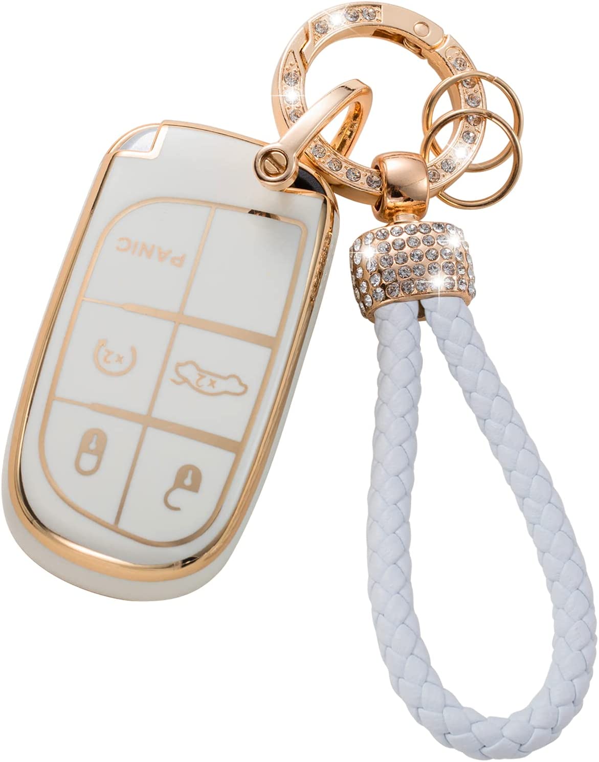 Jeep Key Fob Cover with Keychain Lanyard Compatible with Grand Cherokee Renegade Wrangler Patriot Grand Commander Smart Key Holder - Delicate Leather