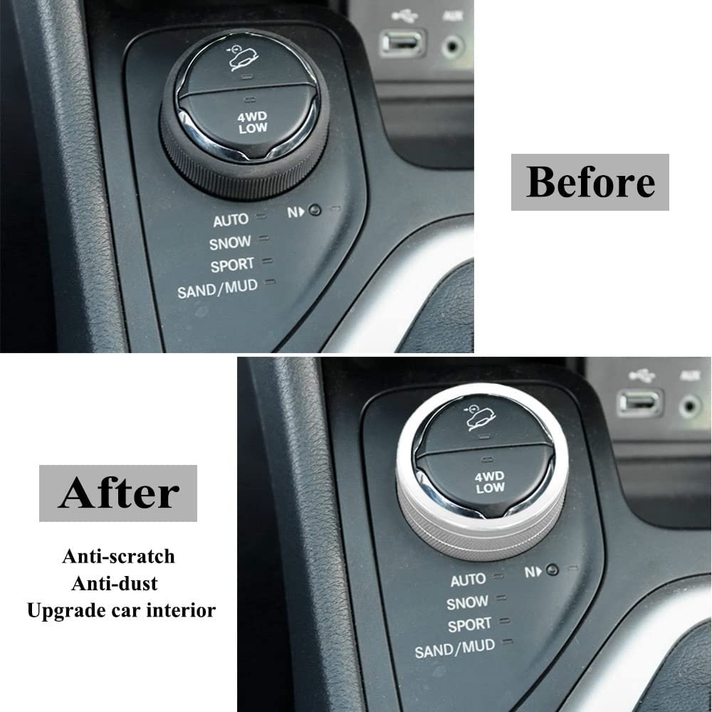 4WD Knob Cover Compatible with Jeep Cherokee Compass Renegade Center Console 4WD Control Switch Knob Button Cover Trim (Silver) - Delicate Leather