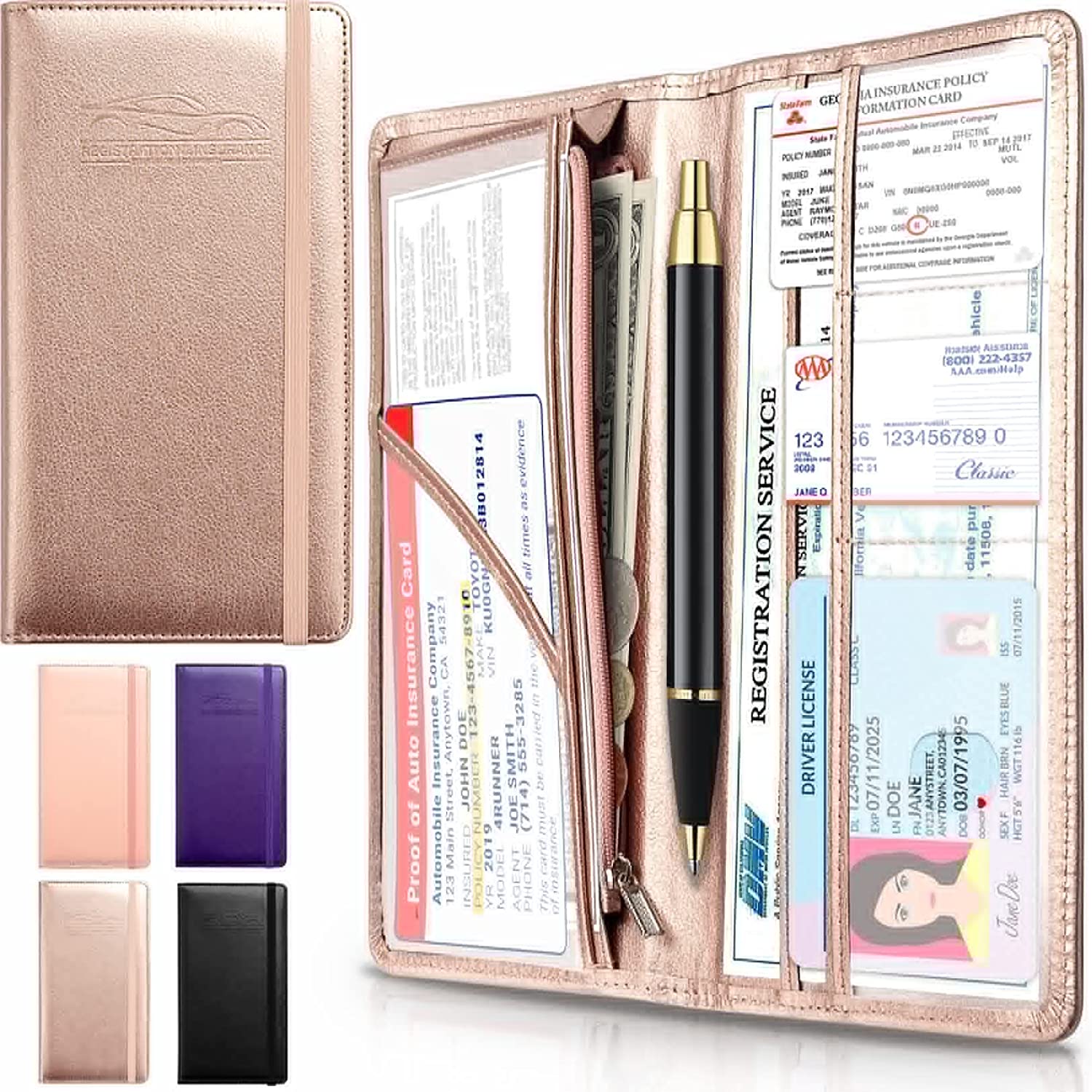 Car Registration and Insurance Holder with Inner Expandable Zipper Pouch, PU Car Document Holder, Elastic Closure Glove Box Document Holder for License, Car card and Essential Auto Documents, Custom For Cars - Delicate Leather