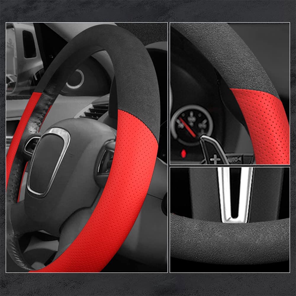 Steering Wheel Covers Round Shape Suede 14.5 Inches to 15 Inches Anti-Slip Breathable Car Steering Wheel Accessories for Women Men - Delicate Leather