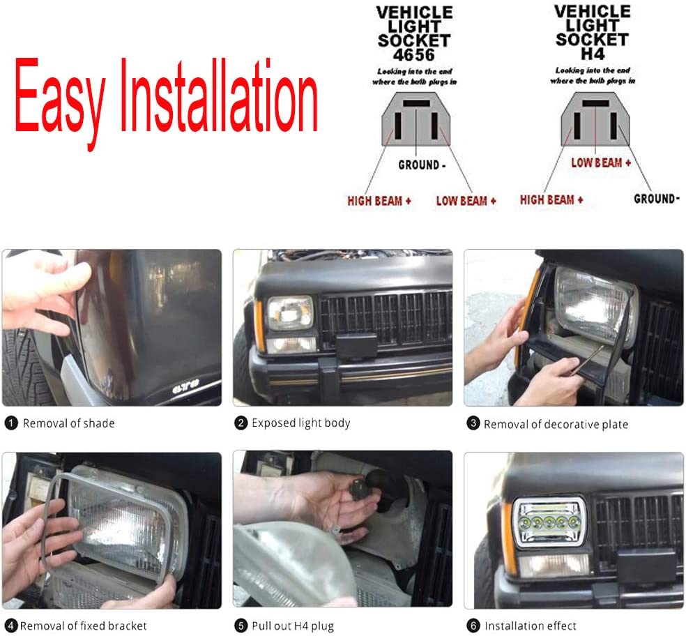 Super Bright Pair 7x6 5x7" Led Headlights 6052 6054 H5054 H6054 Hi/Low Sealed Beam White/Amber Halo Fit For TJ JK Cherokee XJ YJ Pickup Ram Express - Delicate Leather