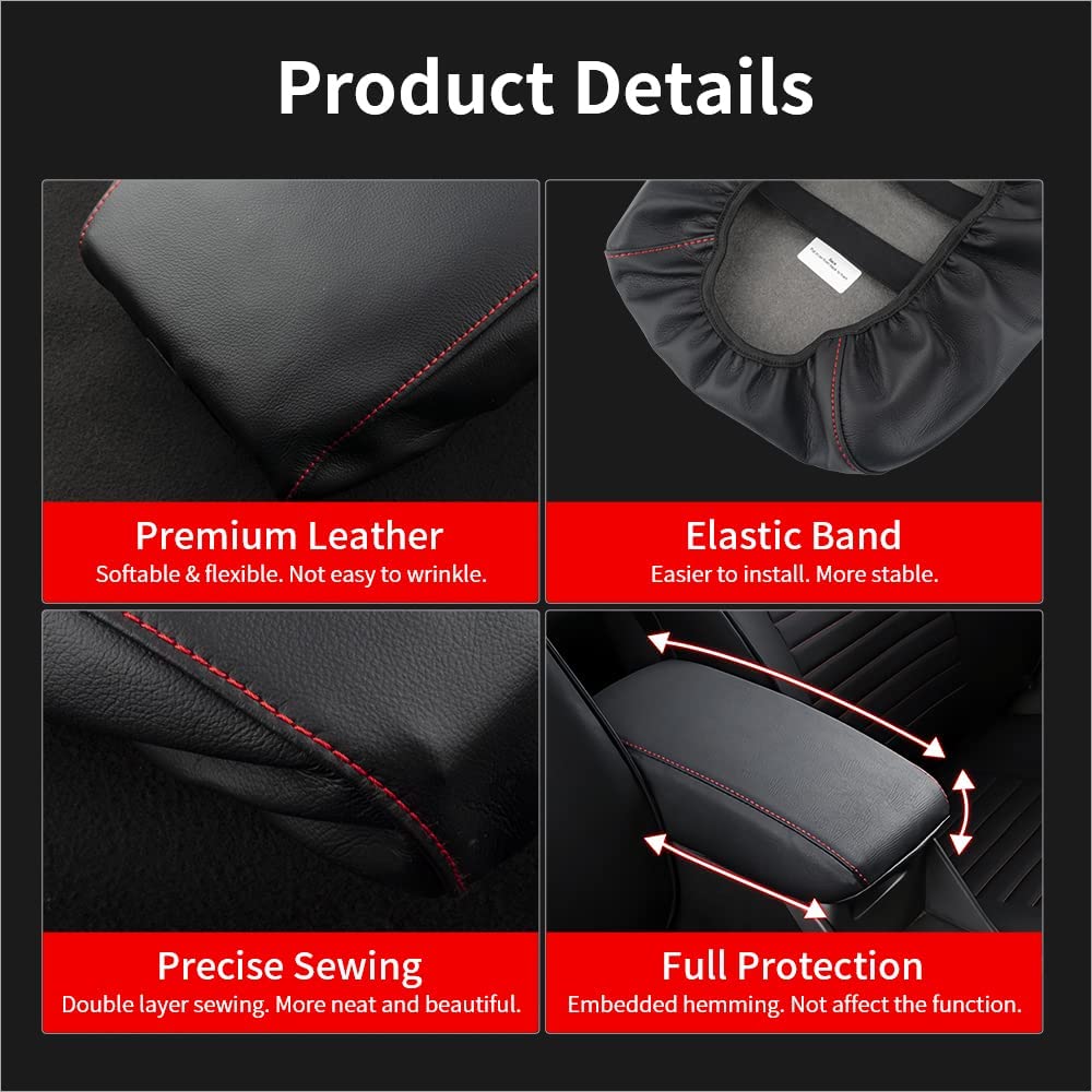 Center Console Cover for Grand Cherokee Accessories 2022-2011 Car Armrest Cover Black Leather Red Stitches Auto Interior Anti-Scratch Protector Pad - Delicate Leather