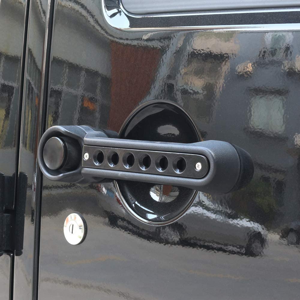 Door Handle Inserts, Black Aluminum Side Grab Handles with Push Button Knob Cover Compatible with 2007-2017 Wrangler Unlumited JK(JKU) 4-Door - Delicate Leather