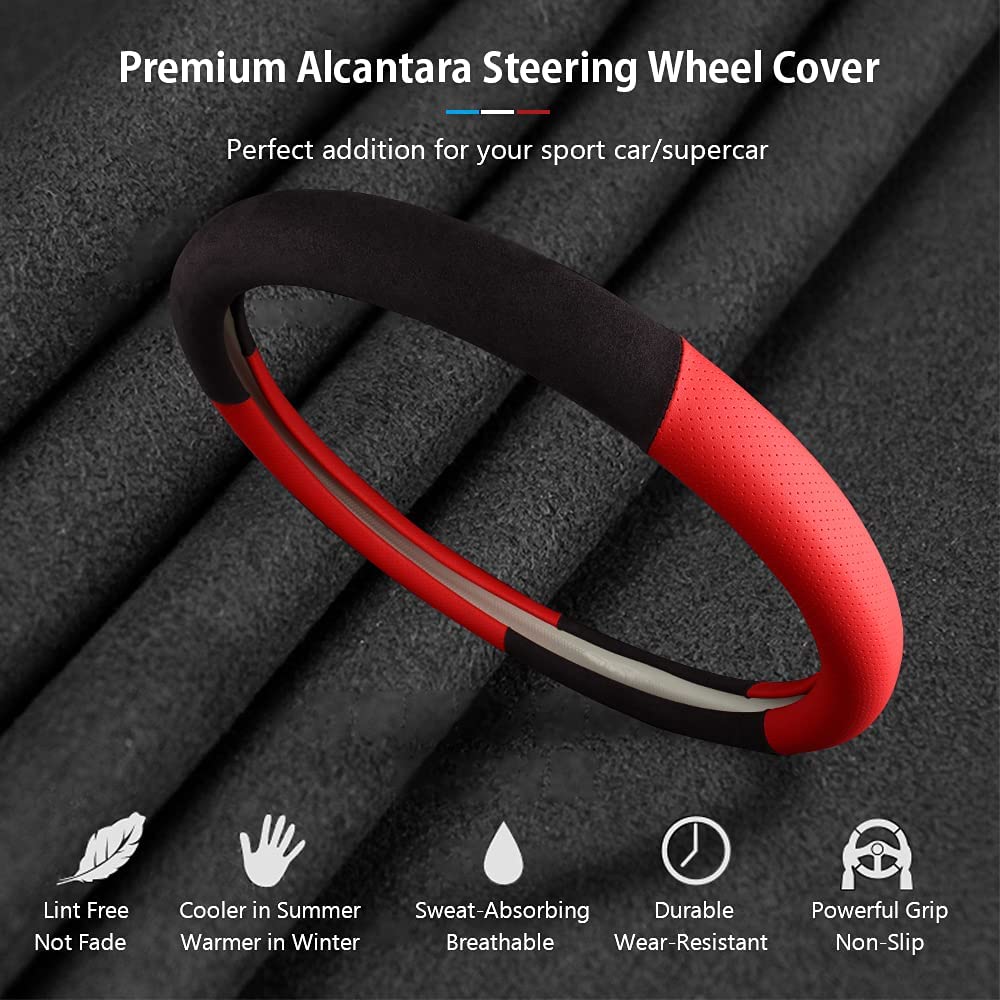 Steering Wheel Covers Round Shape Suede 14.5 Inches to 15 Inches Anti-Slip Breathable Car Steering Wheel Accessories for Women Men - Delicate Leather