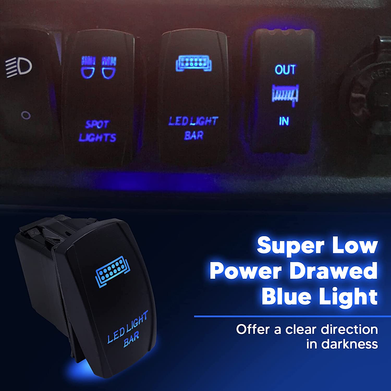 Laser LED Light Bar Rocker Switch ON-Off LED Light 20A 12V, 5pin, Blue Compatible with Cars, Trucks, UTV, ATV, Boat, Tractor, Auto, 4x4, 4WD - Delicate Leather
