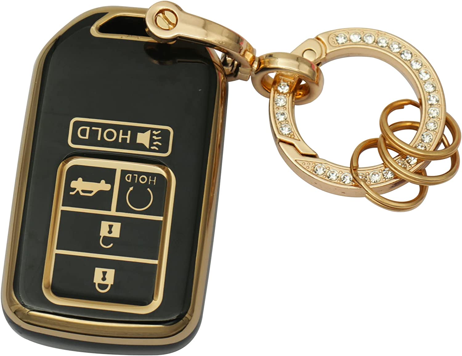Key Fob Cover Soft 4 5 Buttons TPU Protection Key Case Shell with Fashion Gold Bling Keychain Compatible with Civic Accord Pilot CRV HRV CRZ Fit Odyssey Ridgeline JED Crosstour