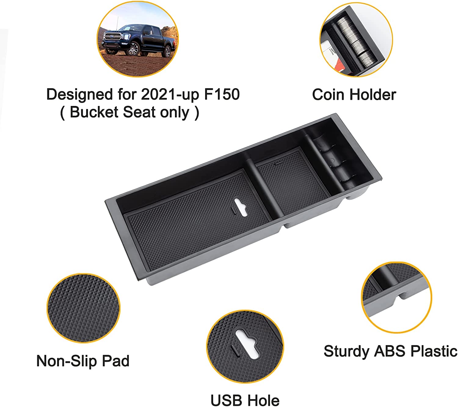 Center Console Organizer Compatible with F150 Accessories 2022 2021,Center Console Tray for F-150 Interior Accessories, Matte Black -(Full Console w/Bucket Seats ONLY) - Delicate Leather