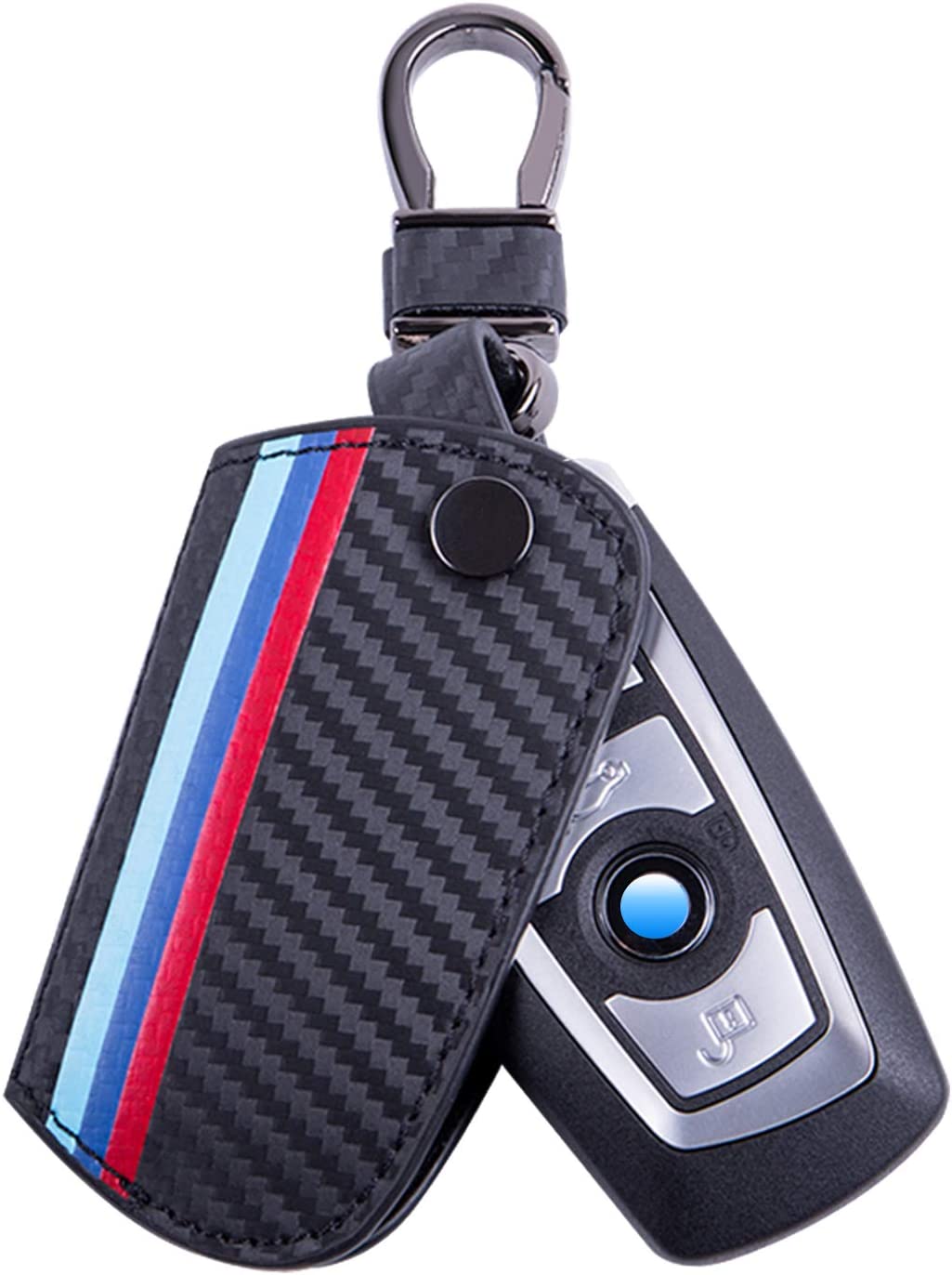 Key Fob Holder Protector Compatible with Remote Fob, M-Colored Stripe Black Carbon Fiber Pattern Leather Key Cover with Keychain - Delicate Leather