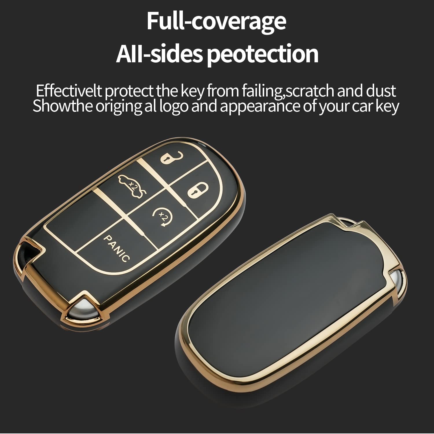 Jeep Key Fob Cover Keychain Fit for Grand Cherokee Renegade Chrysler 200 300 Dodge RAM Durango Challenger Journey Smart Key Shell Case (Black) - Delicate Leather