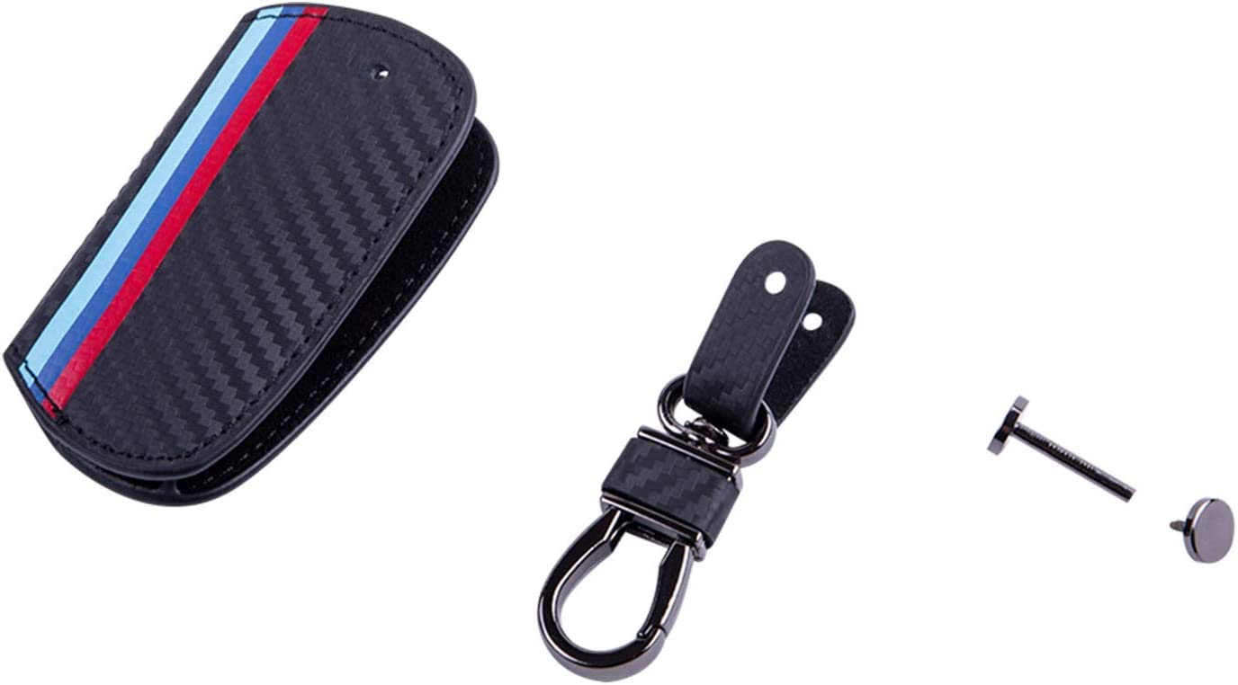 Key Fob Holder Protector Compatible with Remote Fob, M-Colored Stripe Black Carbon Fiber Pattern Leather Key Cover with Keychain - Delicate Leather