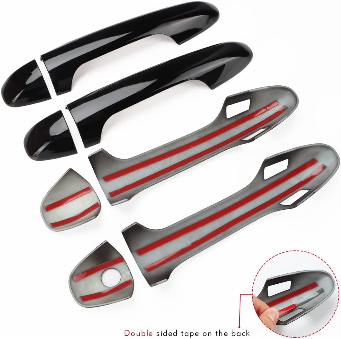 Exterior Door Handle Cover Compatible Accessories Door Handle Protectors for (Glossy Black with Smart Key Holes) - Delicate Leather