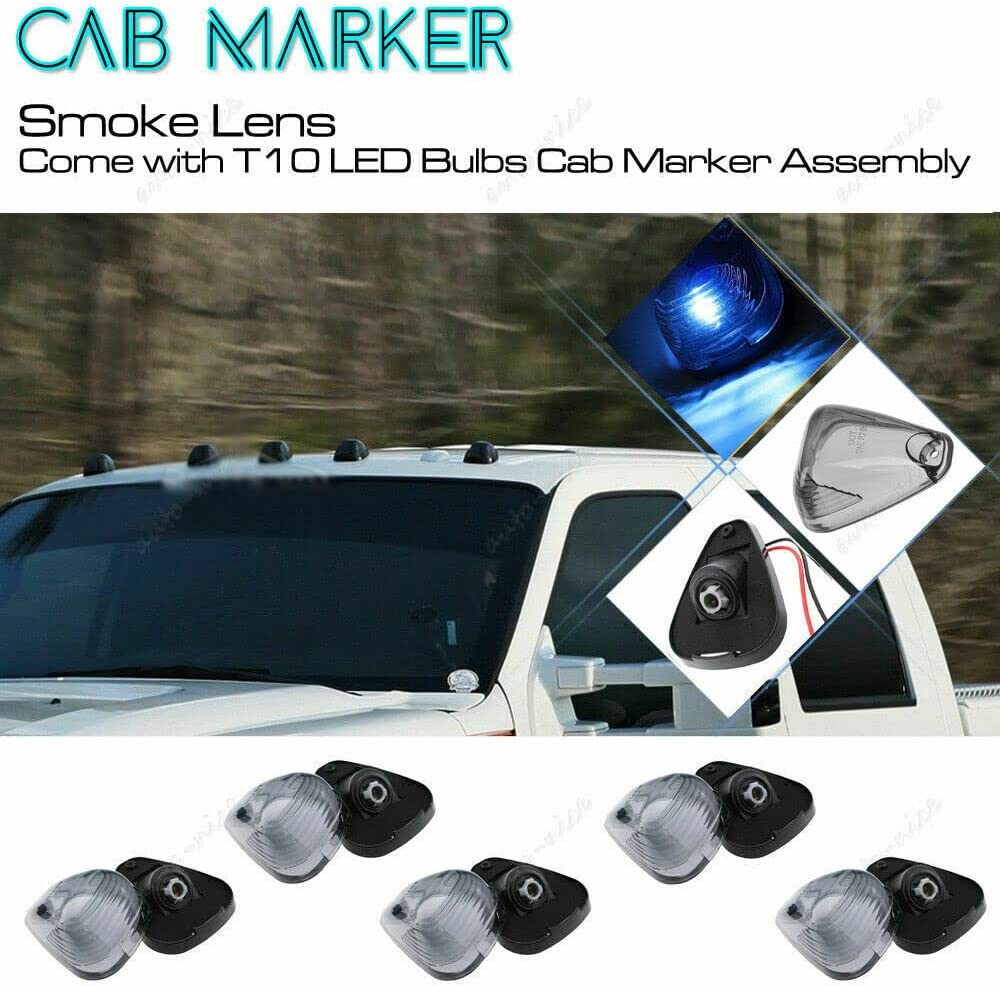 5X Black Smoke Lens Cab Roof Marker Running Lamps w/Blue LED Lights - Delicate Leather