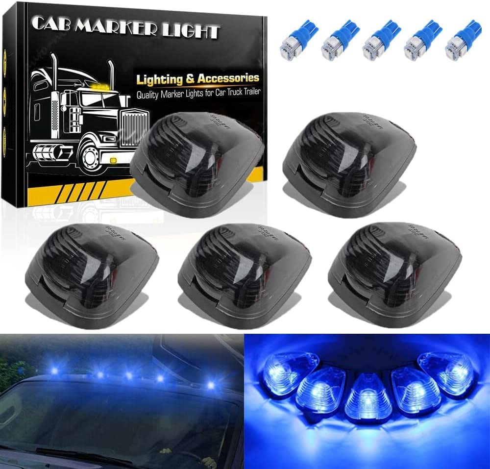 5X Black Smoke Lens Cab Roof Marker Running Lamps w/Blue LED Lights - Delicate Leather