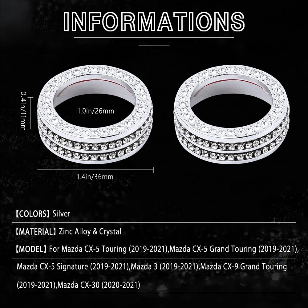 Bling Accessories 3 CX-5 CX-9 CX-30 CX5 CX9 CX30 AC Knobs Air Conditioner Decals Stickers Covers Caps Car Interior Parts Decoration Trim Men Women Zinc Alloy Crystal Silver 2 Pack - Delicate Leather