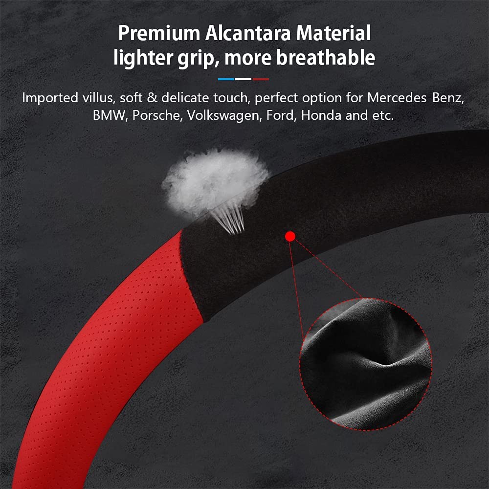 Steering Wheel Covers Round Shape Suede 14.5 Inches to 15 Inches Anti-Slip Breathable Car Steering Wheel Accessories for Women Men - Delicate Leather
