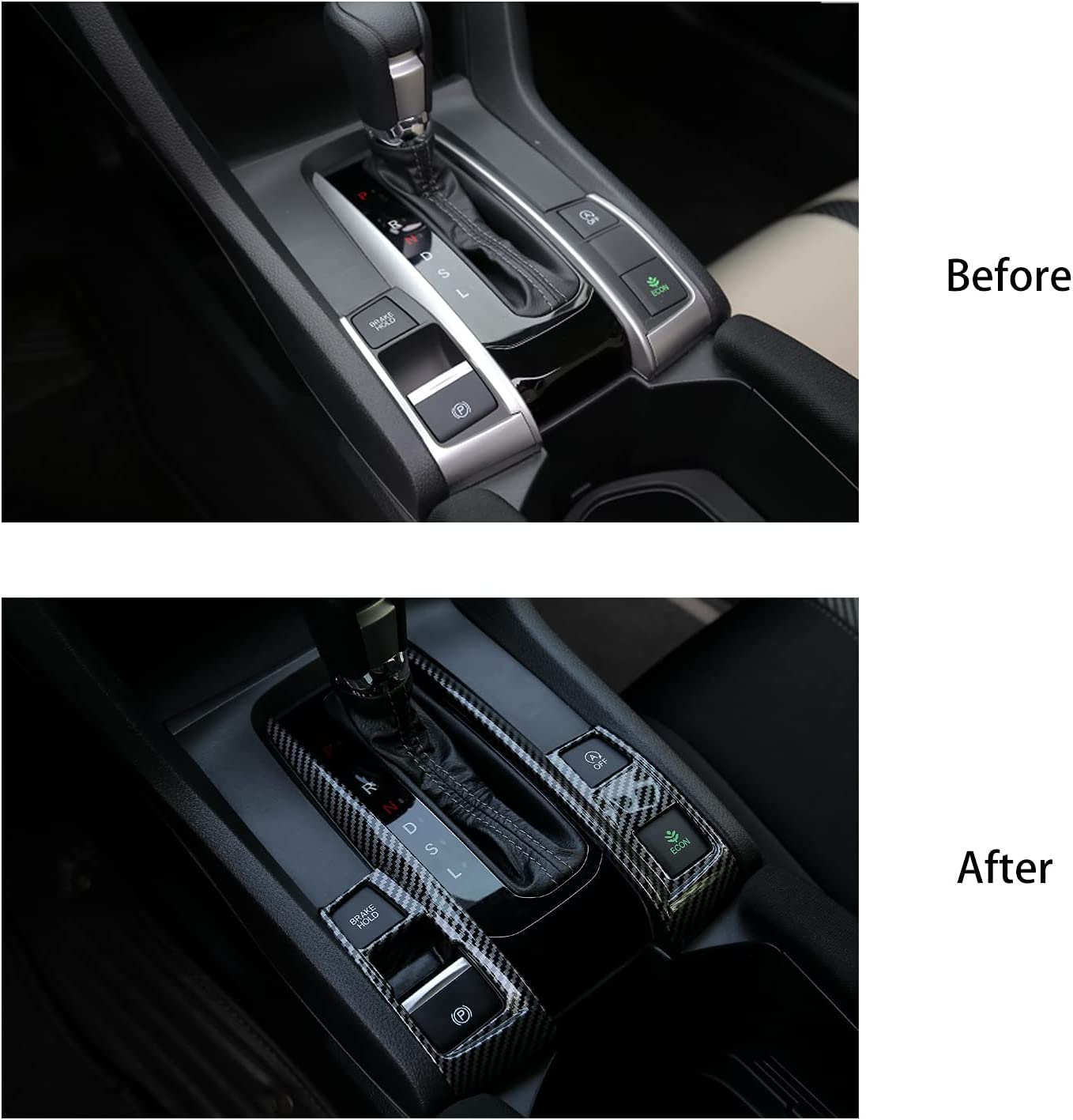 10th Gen Civic Gear Boots Trims CVT Automatic Transmission Shift Panel Stickers Compatible with Honda Civic Sedan Hatchback Coupe 2021 2020 2019 2018 2017 2016 -Carbon Fiber Grain - Delicate Leather