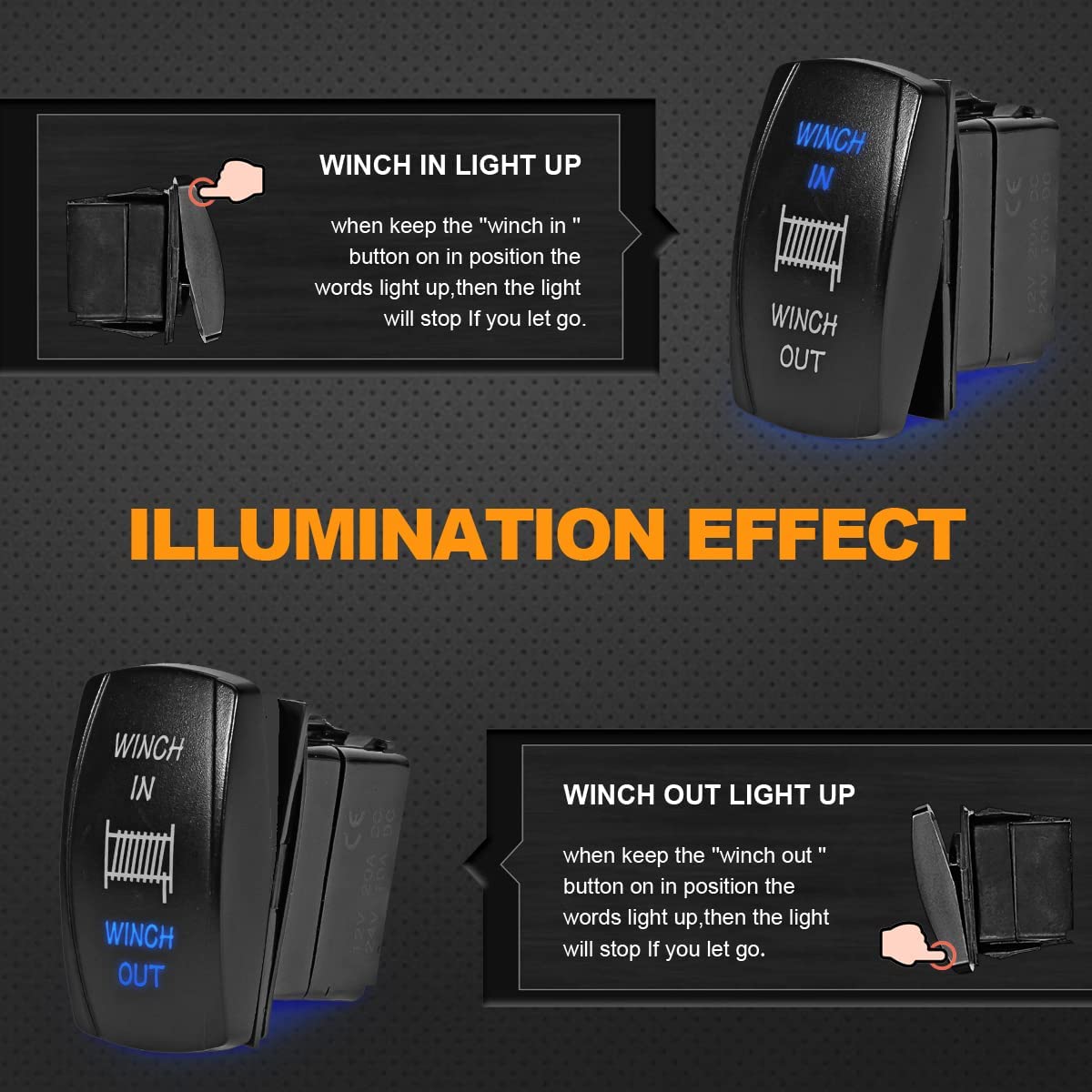 7 Pin Momentary Laser Rocker Switch Winch in/Out Waterproof DC 20A 12V/10A 24V Black Shell/ON-Off-ON DPDT Illuminated Rocker Switch Compatible with Auto Truck Boat Marine Off Road - Delicate Leather