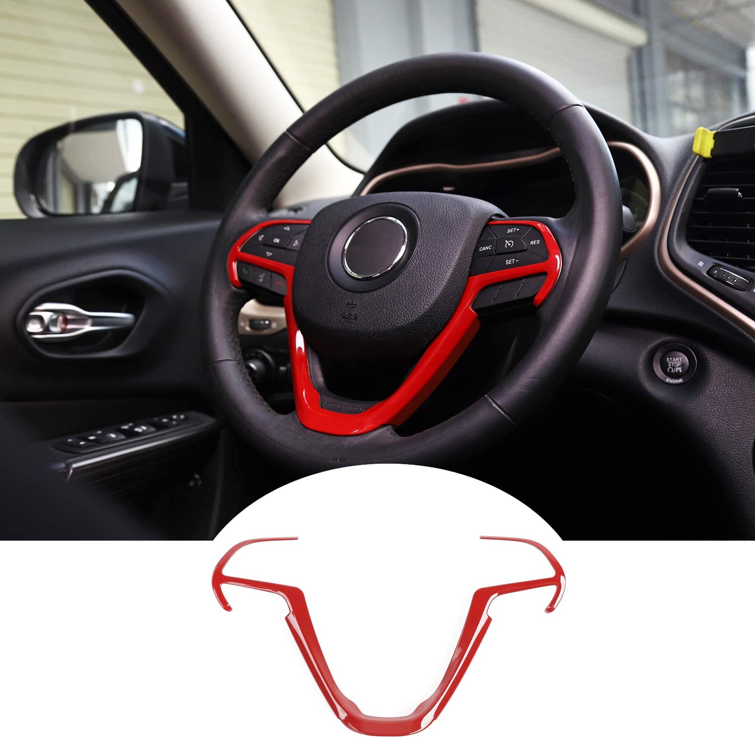 Steering Wheel Trim Cover Interior Decoration Trim Kit for 2014-2020 Grand Cherokee & Cherokee, Red - Delicate Leather