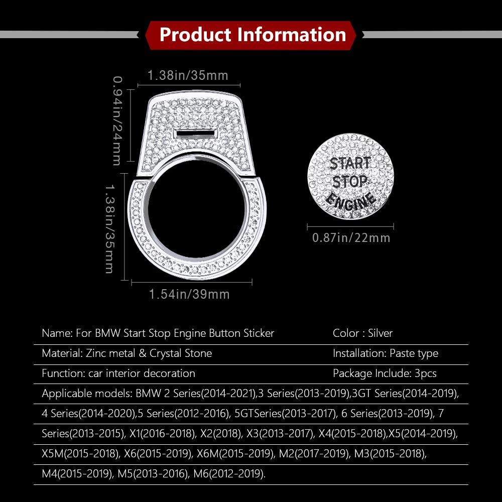 3Pcs Bling Car Engine Start Stop Button Cover Trims Compatible with Premium Zinc Alloy Ignition Push Button Cover Stickers Compatible with BMW 2 3 3GT 4 5 6 7 X1 X2 X3 X4 X5 X6 X6M M2 M3 M4 M5 M6 Series - Delicate Leather