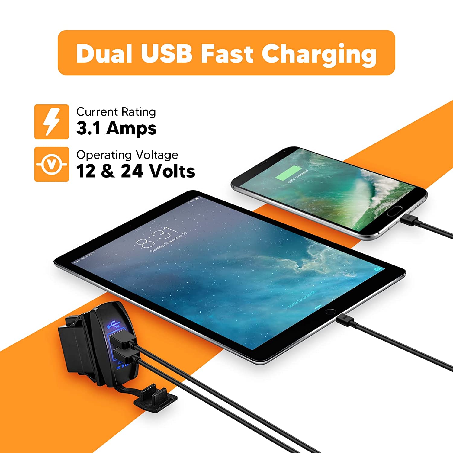 Universal Dual USB Power Charger Carling ARB Rocker Switch Blue LED Light Compatible with Any 12-24V car, Motorcycle, Electric car, ATV, UTV, Boat etc - Delicate Leather