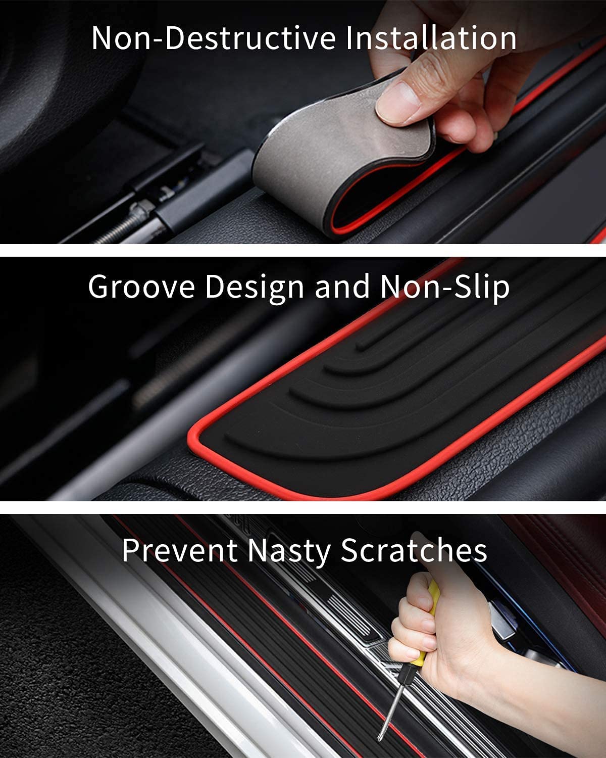 Black PVC Soft Rubber Car Door Sill Plate Protectors - Auto Front/Rear Door Sill Scuff Plate Guards, Door Pedal Protector,Door Sill Plates Pedal Covers 4PCS - Delicate Leather