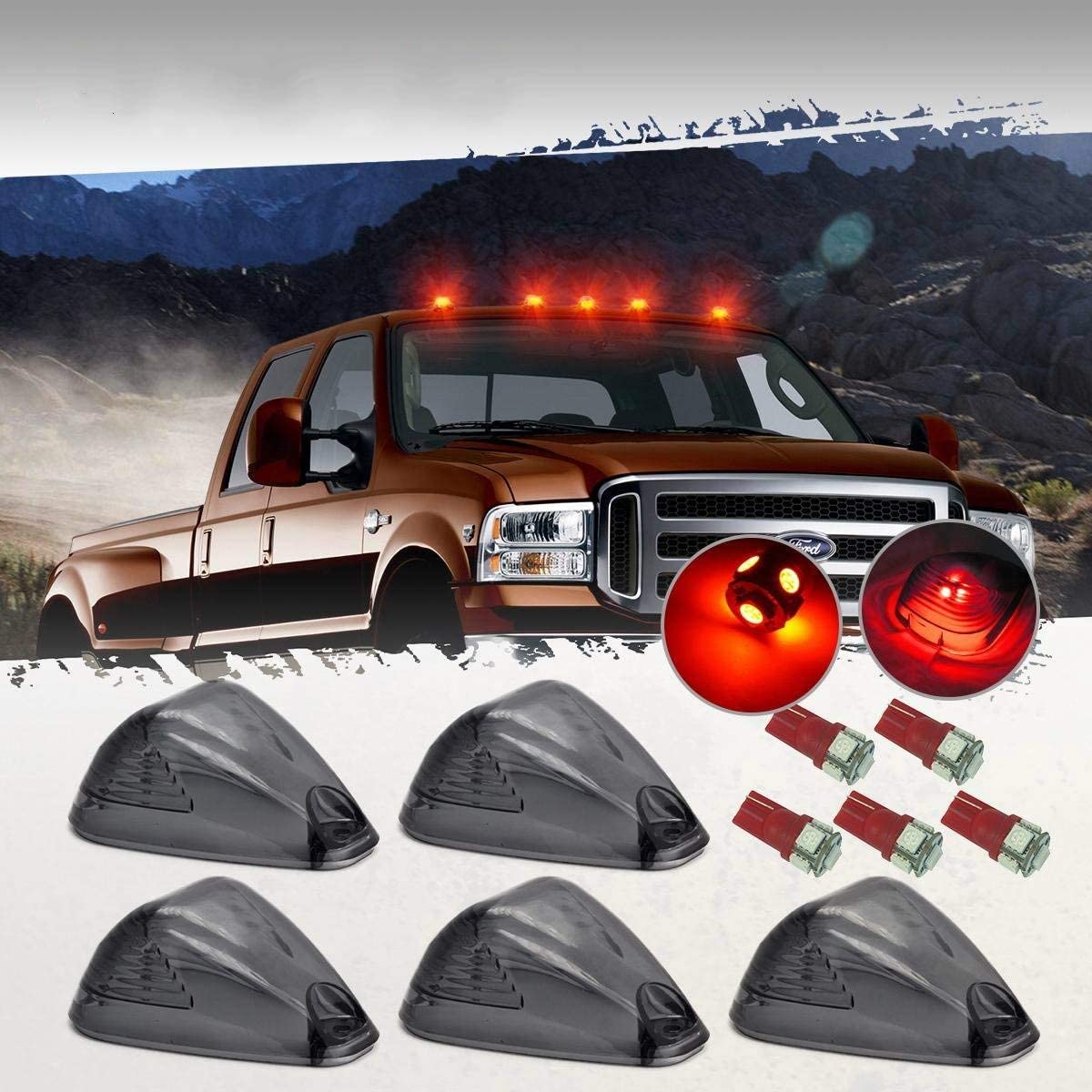 5Pcs Cab Marker Light Smoke Cover Red LED, Cab Roof Running Light, Top Marker Light Compatible with 1999-2016 Ford F150 F250 F350 F450 F550 F650 F750 E150 E250 E350 E450 Super Duty Pickup Trucks - Delicate Leather