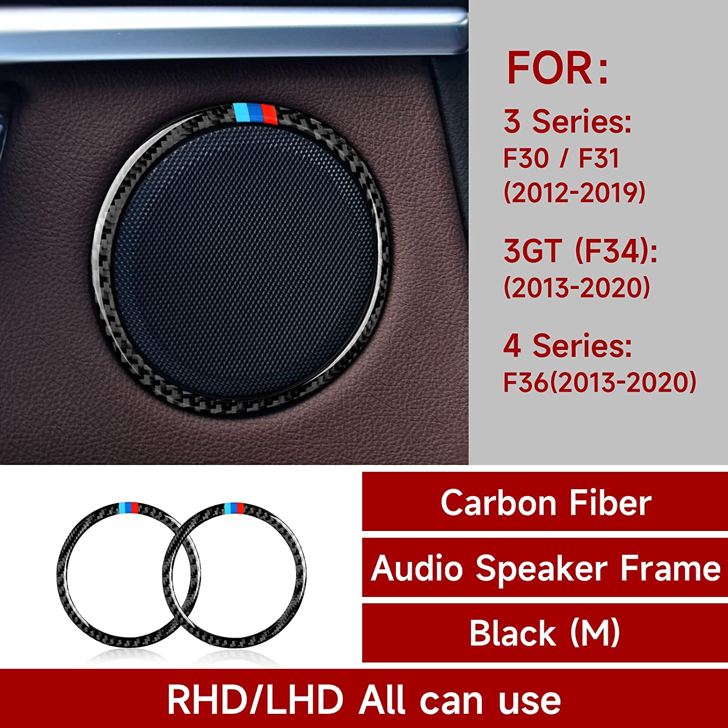 2PCS Car Trim Audio Speaker Frame Sticker Carbon Fiber Decals Compatible with BMW F30 F31 F34 3GT F32 F33 F36 2012 2013 2014 2015 2016 2017 2018 2019 Interior Accessories - Delicate Leather